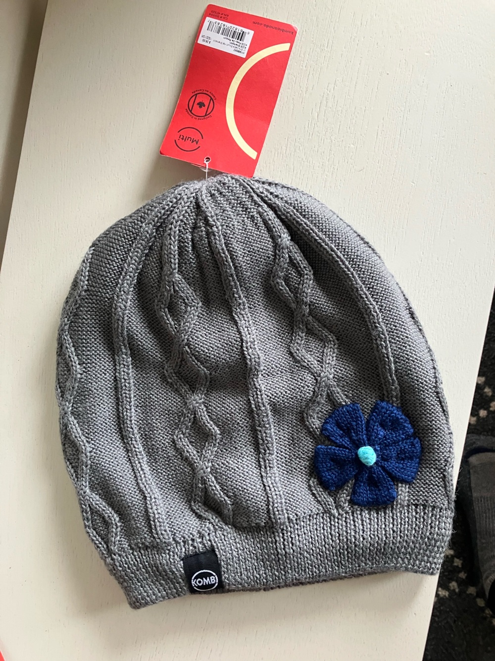 Kombi Kids Gray Knit Hat with Blue Flower Accent